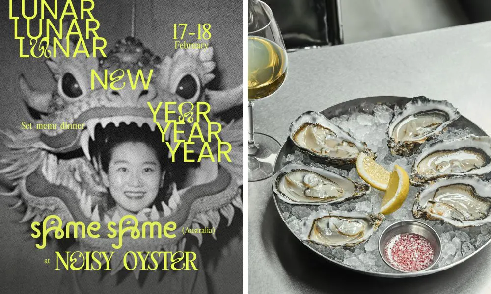 poster for chinese new year and oysters with lemon and mignonette