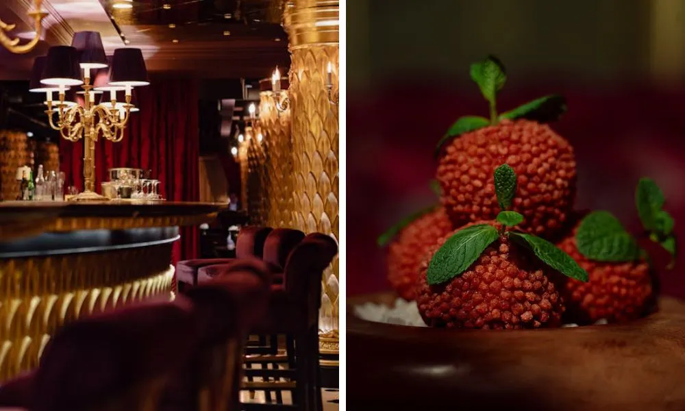 gold bar with counter seating and golden lychene fortune fritters