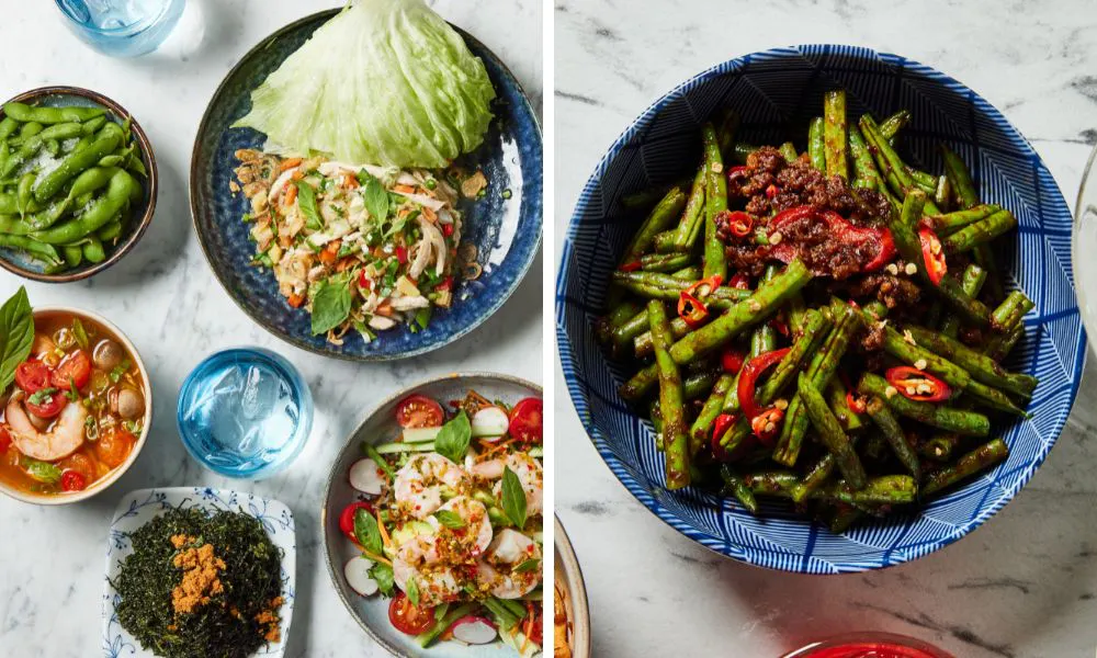 selection of chinese new year dishes and wok fried greens with chilli