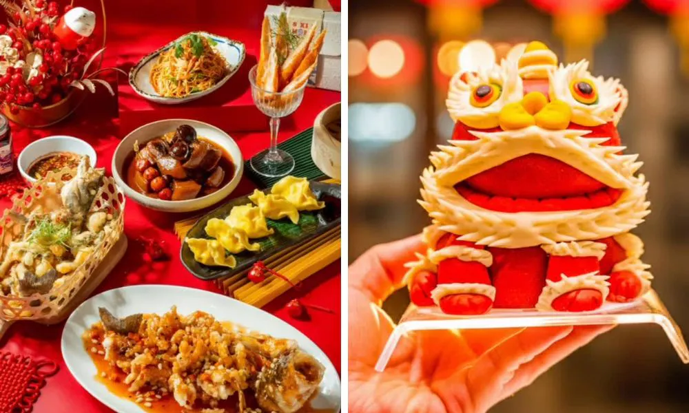 chinese new year dishes and lion dance buns