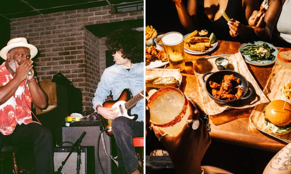 Blues musicians and food and drink on table