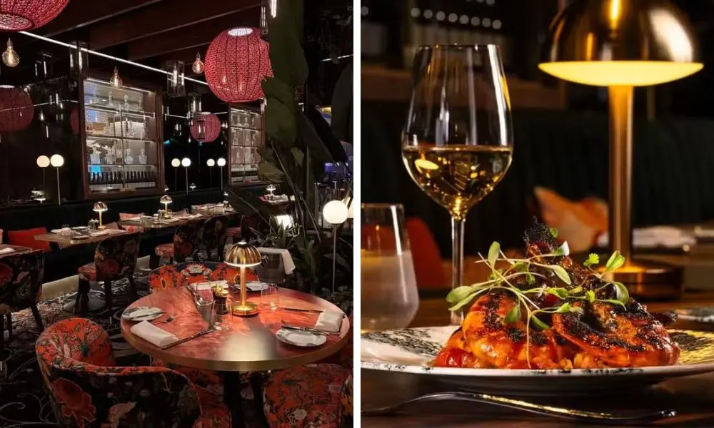 restaurant dining room in casino and prawns with glass of white wine