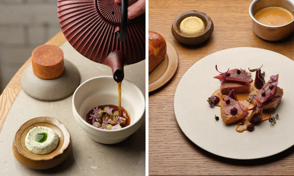 broth poured into a bowl from terracotta teapot