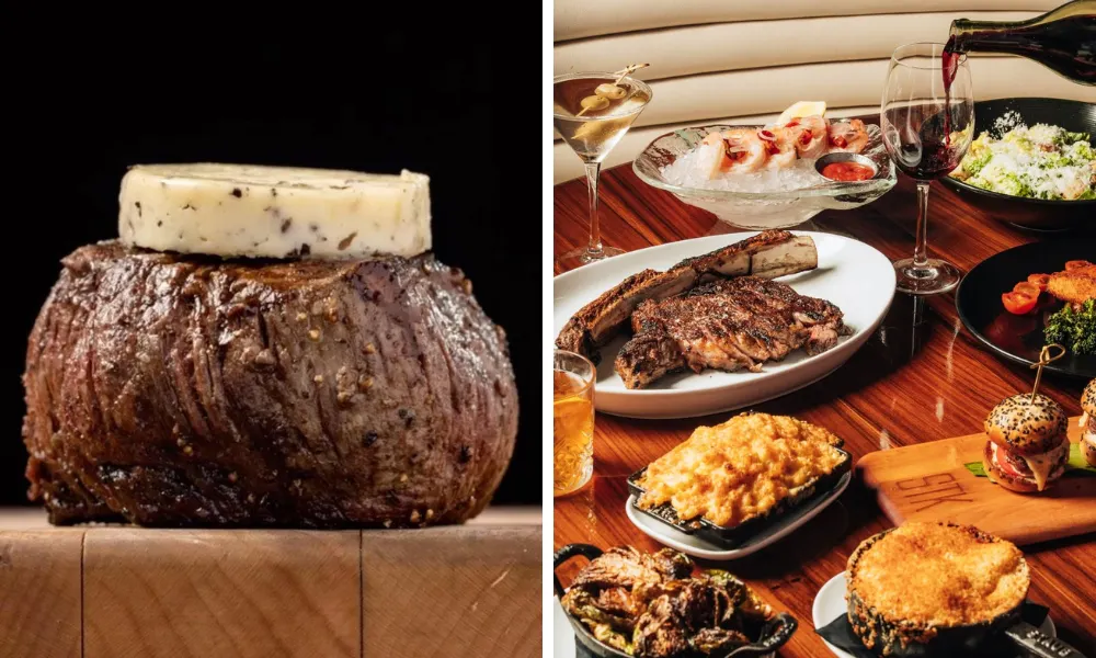 steak with butter and array of steakhouse dishes