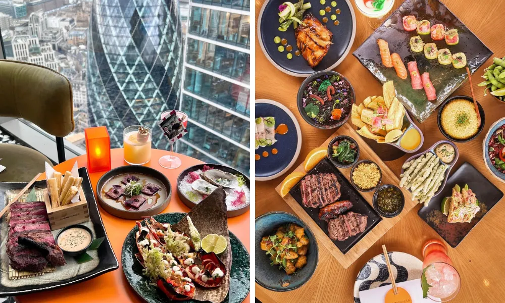 Wagyu steaks and sushi with view of the gherkin