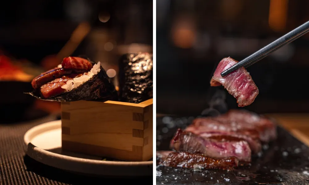 chopsticks holding wagyu at tokii