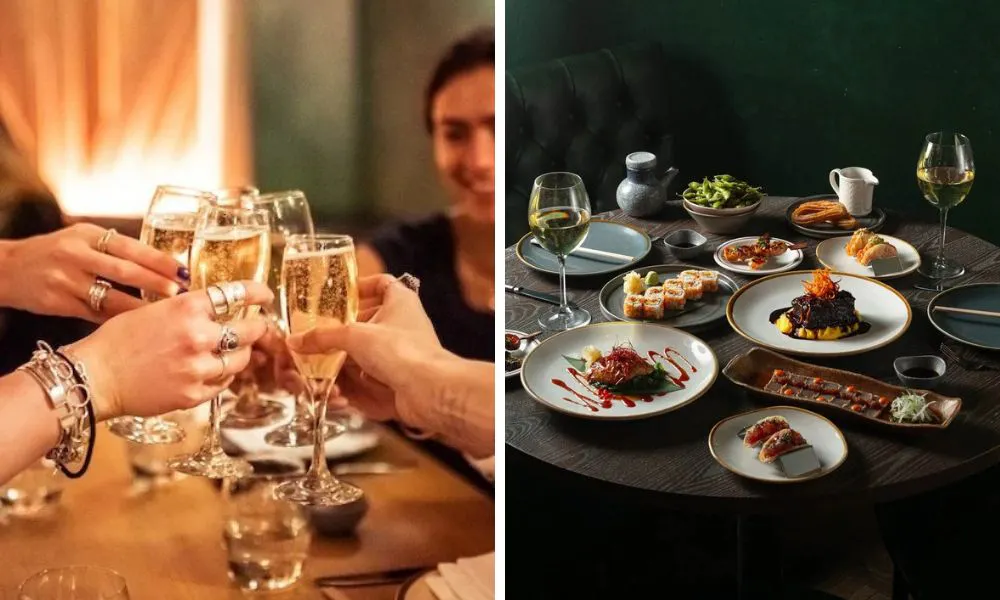 people saying cheers with prosecco and selection of asian dishes