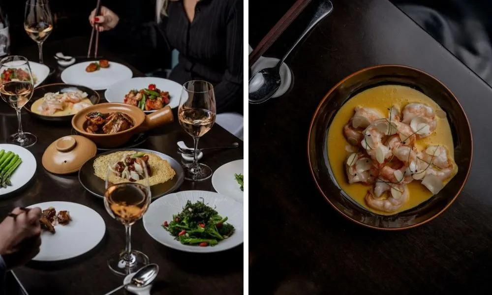 wine with sharing plates and prawns in a coconut sauce