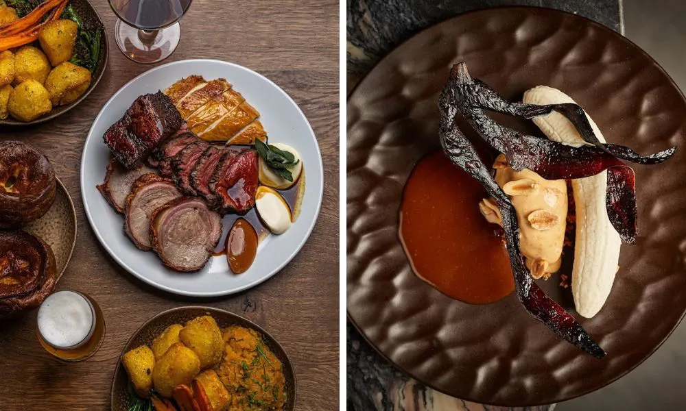 roast with chicken pork and beef and banana pudding