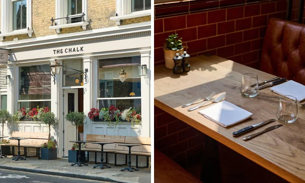 exterior of chelsea pub and dining booth with leather seats