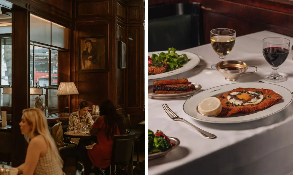 people sitting in restaurant and schnitzel with egg