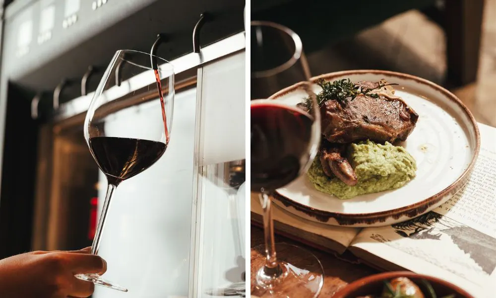 red wine being poured from self-pour tap and lamb shank and mash