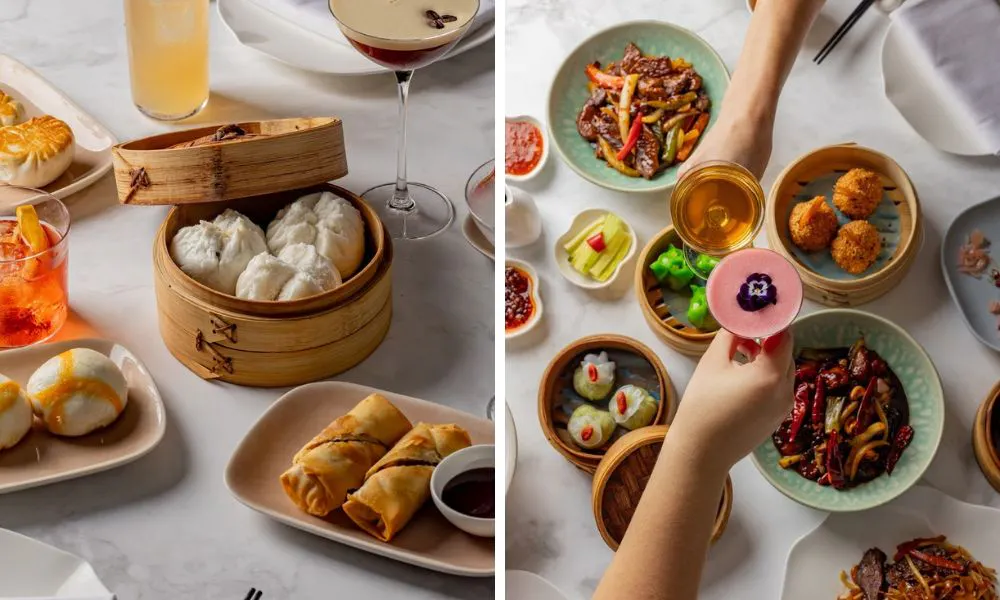 bao buns and spring rolls and cocktail with floral garnish
