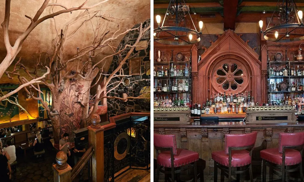 large tree display and bar with church centrepiece