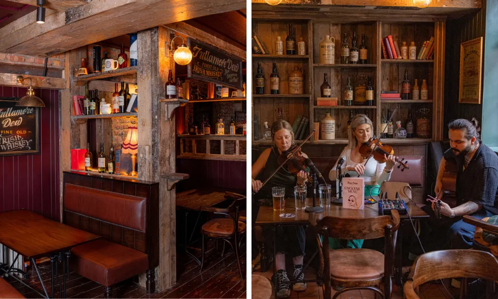 Irish trad band playing fiddle and violin at a table