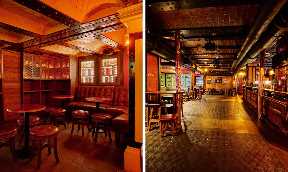 amber and red pub exteriors and large bar