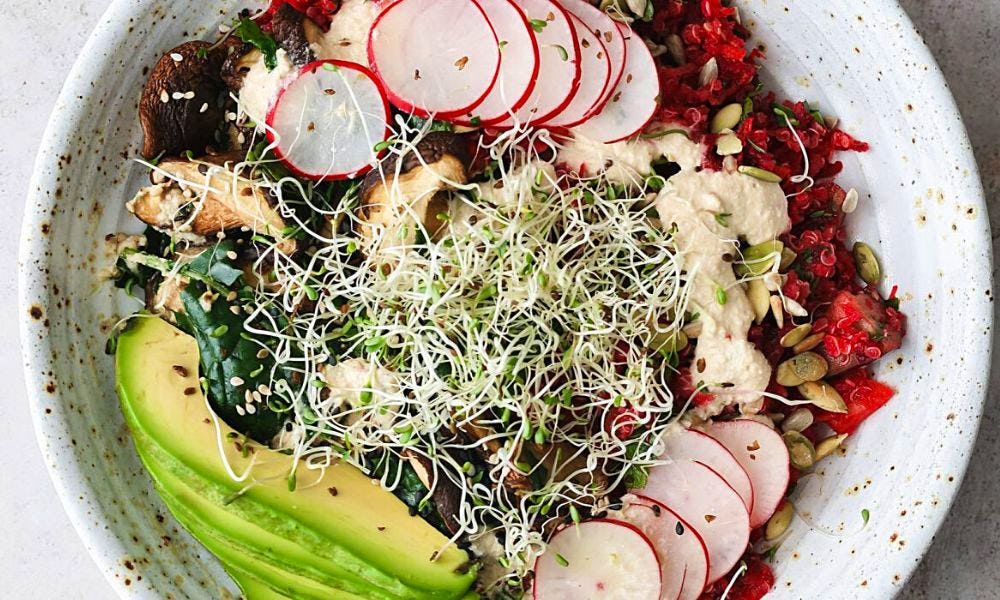 A healthy looking salad bowl with avocado, radishes and sprouts