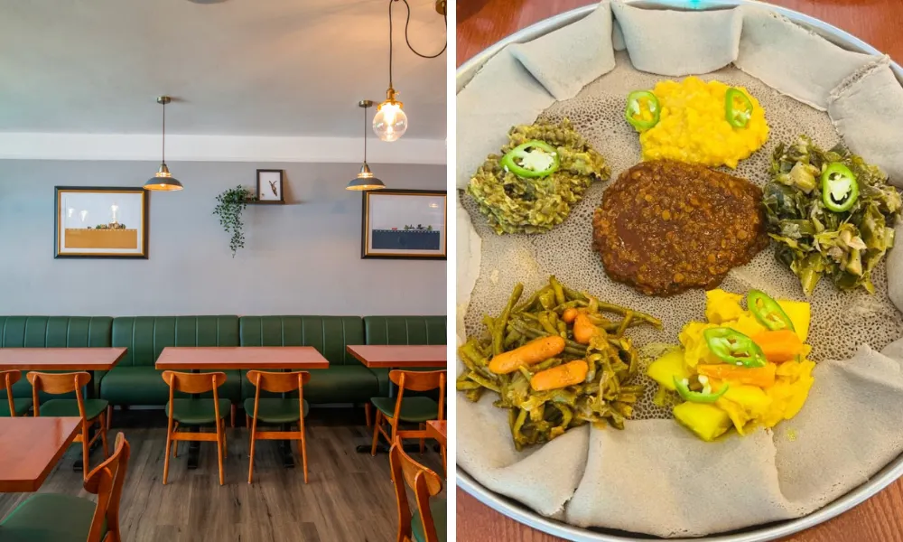 dals and veg on a holey Ethiopian pancake