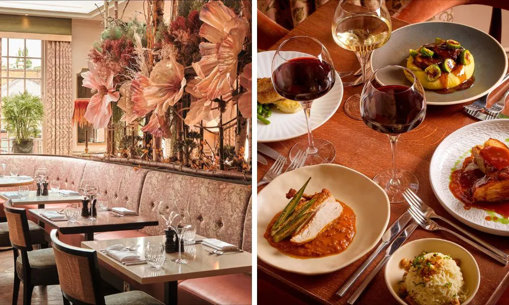 pink dining room with flower feature wall and valentines meal with red wine