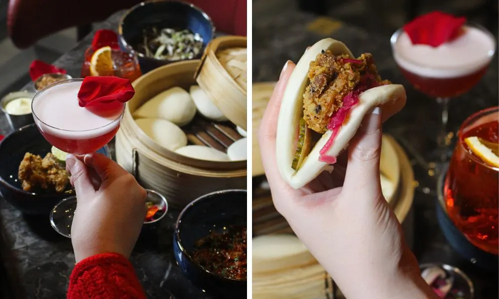 red cocktail with rose petal and bao bun with crispy chicken and pickle
