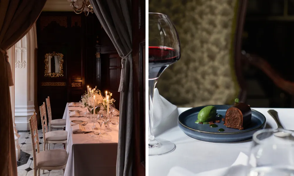 cosy old-world dining room and plate with chocolate fondant