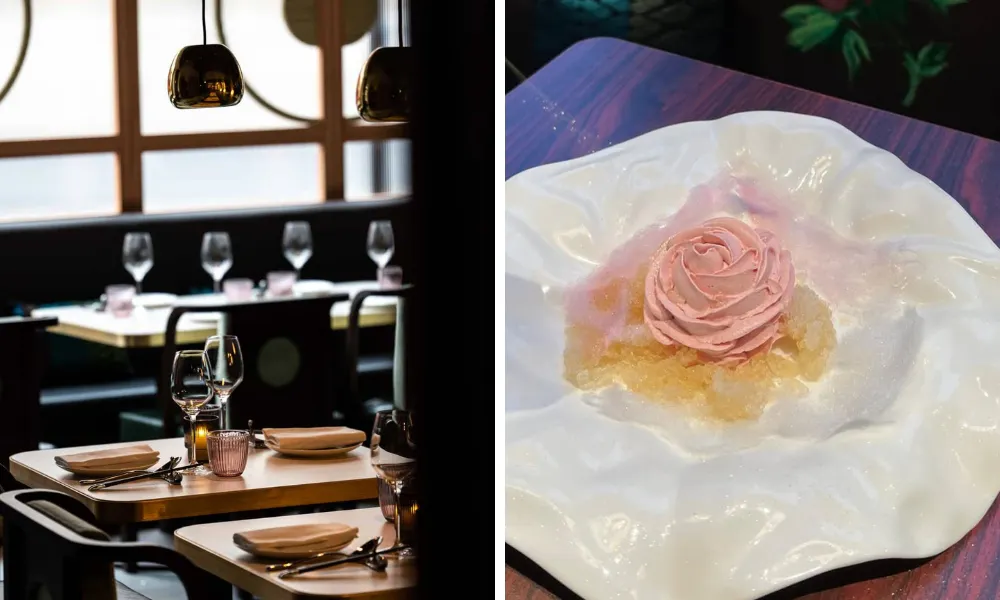 elegant dining room and plate with rose shaped dessert