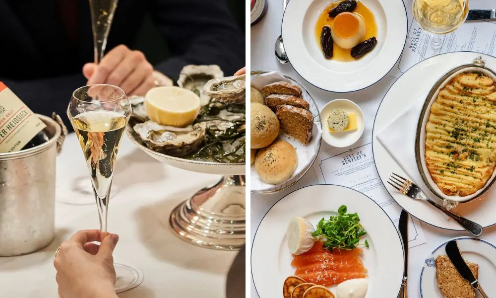 Champagne and oysters and table with fish pie