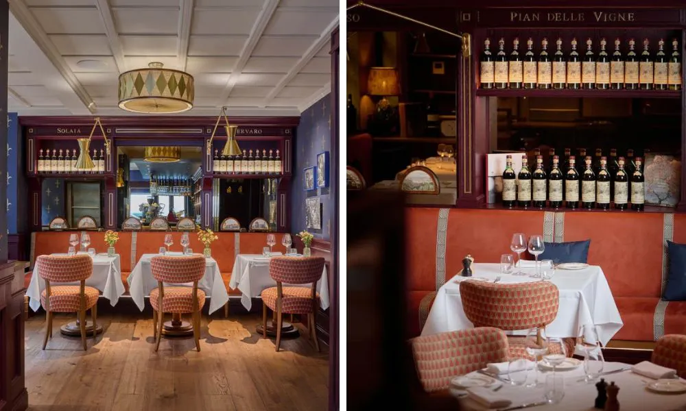 restaurant interior with shelves full of red wine