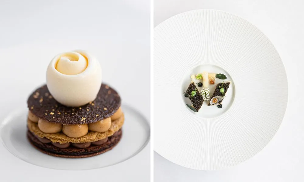 white fine dining plates, one with chocolate dessert