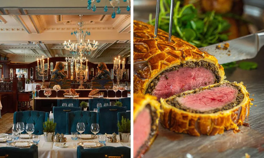 Luxurious dining room and sliced beef wellington