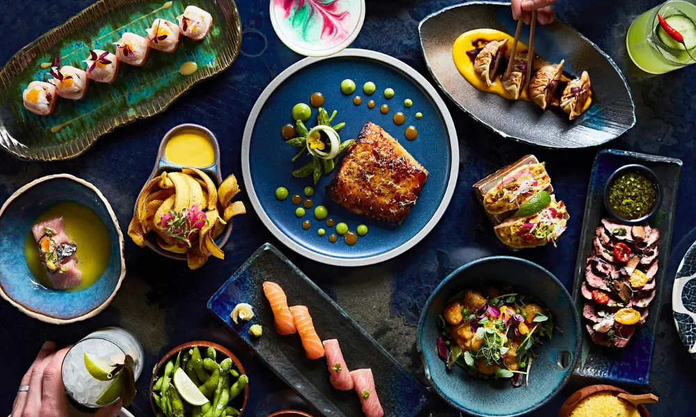 selection of Japanese dishes, sushi, meat, and raw fish