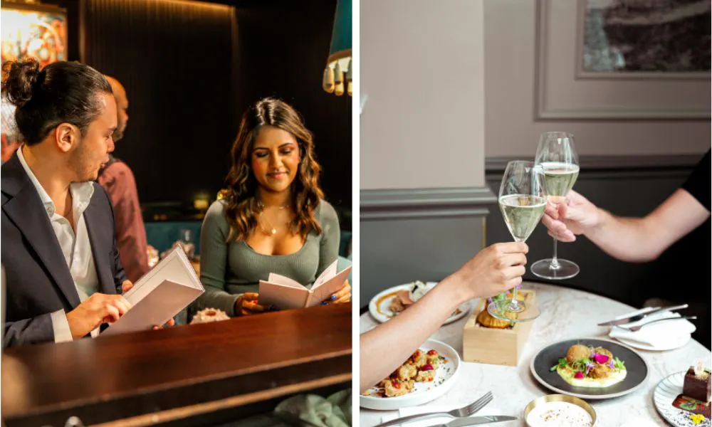 couple reading menus and couple with champagne flutes