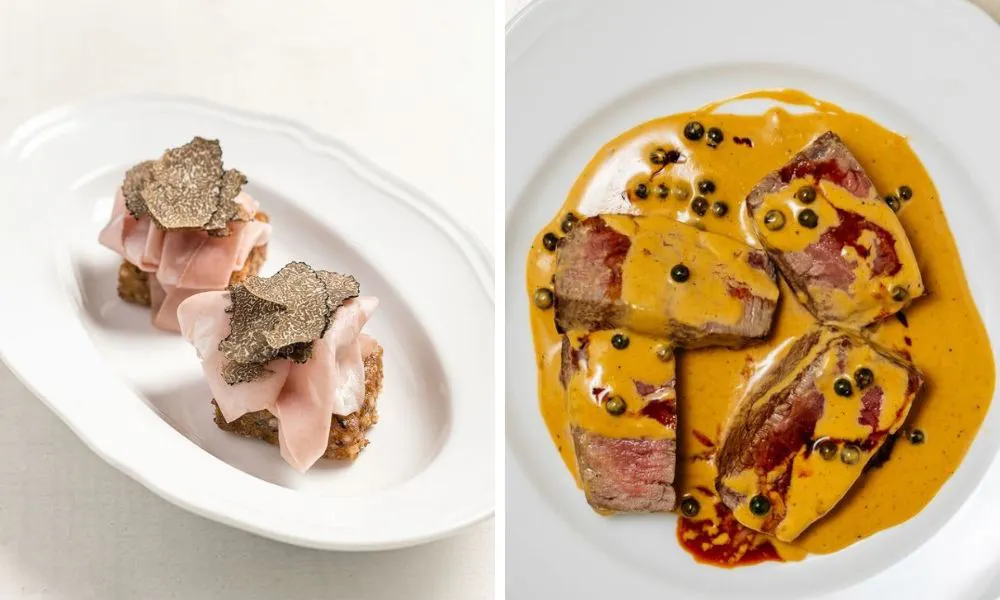 mortadella and truffle canape and steak with peppercorn sauce