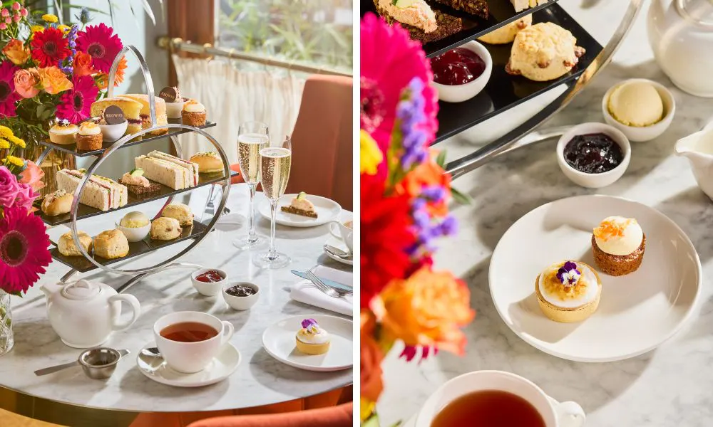 a circular stand of afternoon tea with a plate of cakes