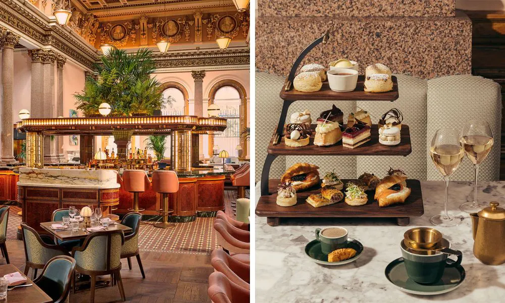 the restaurant interior at The Spence and a stand of afternoon tea treats