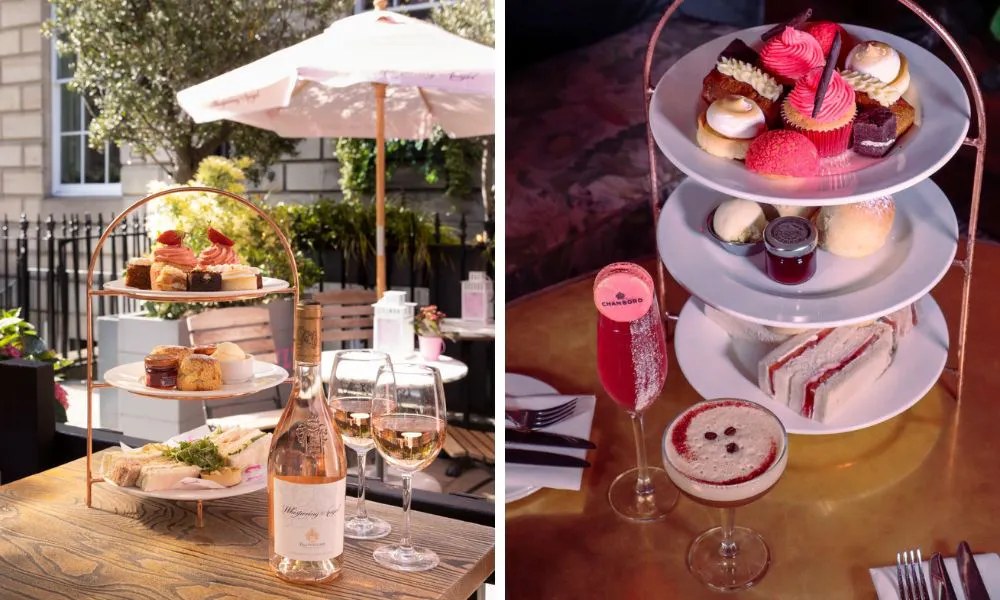 stands of afternoon tea with rose and pink cocktails
