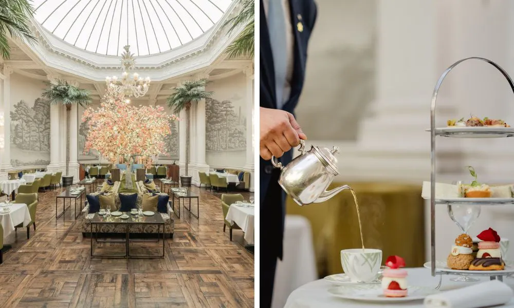 dining room with dome ceiling and waiter pouring a pot of tea