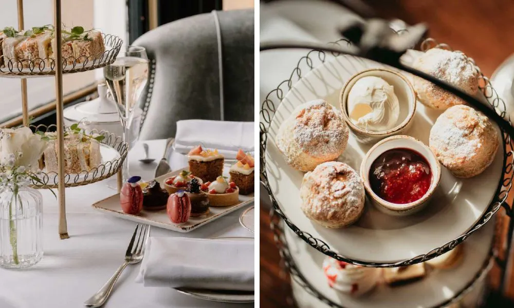 two tiered afternoon tea with scones and cream and jam