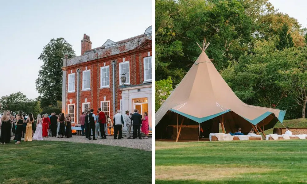 wedding guests gathering outside and marquee with sofa seats