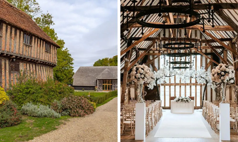 left, herringbone brick hall. Right barn with candle chandeliers