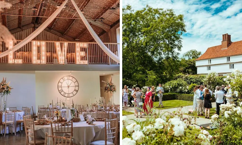 barn with circle tables and love sign and guests mingling outside