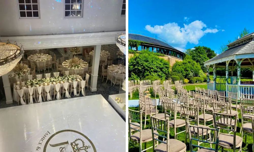 wedding breakfast with dancefloor and outdoor wedding ceremony