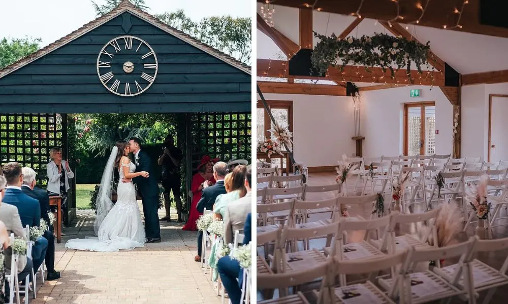 couple getting married under a clockface and isle in barn