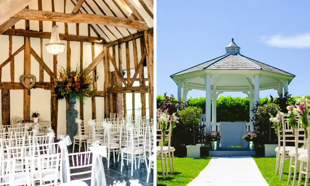 barn wedding venue and outdoor altar with flowers