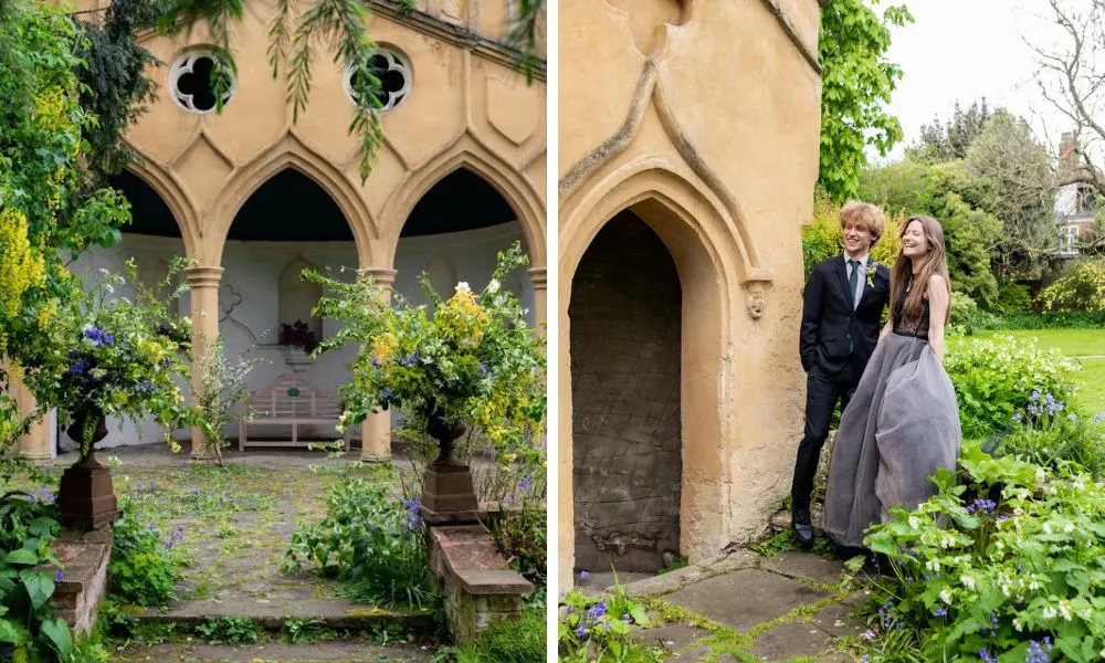 outdoor wedding venue and couple posing for photo