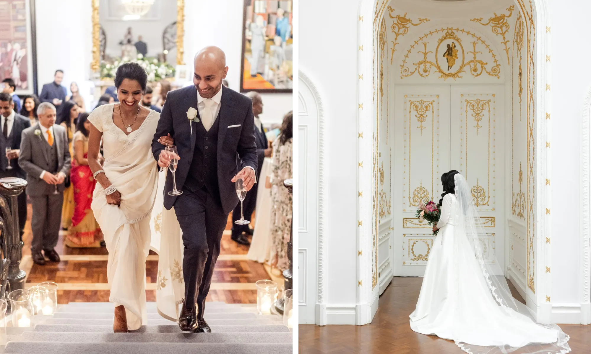 Newlyweds walking up the stairs