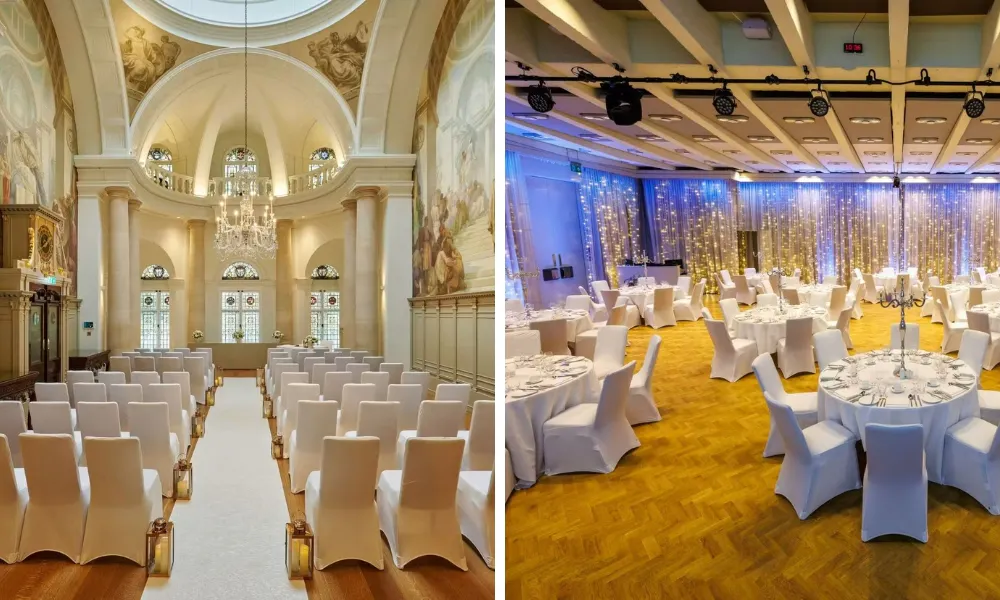 arched banqueting hall with painted frescoes