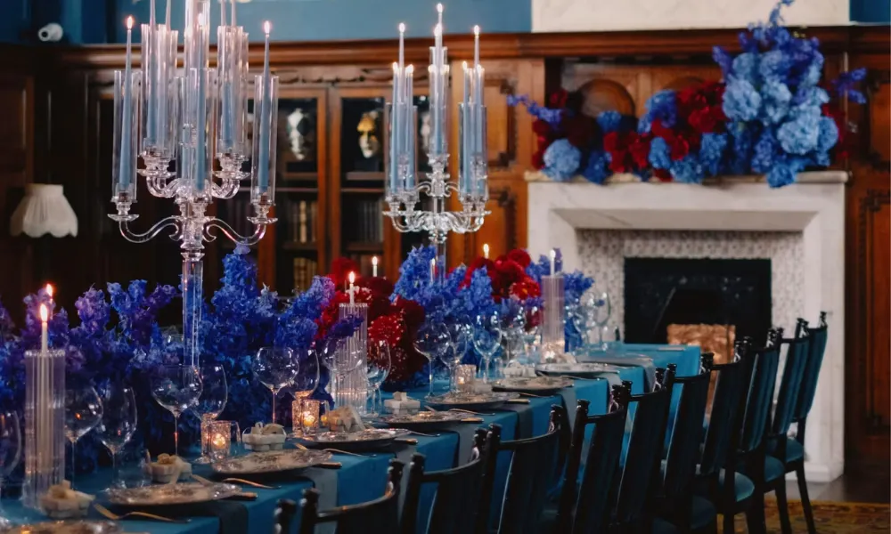 purple floral table centrepiece at Loscar