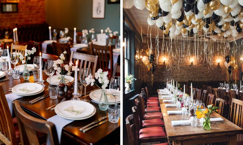 tables set up for a wedding breakfast, with balloons hanging from the ceiling