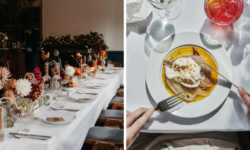long wedding table laid with seasonal flowers